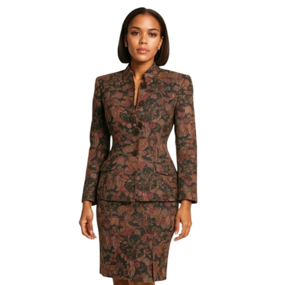 Cojana Rare Vintage Paisley Two Piece Skirt Suit Set Belted Blazer